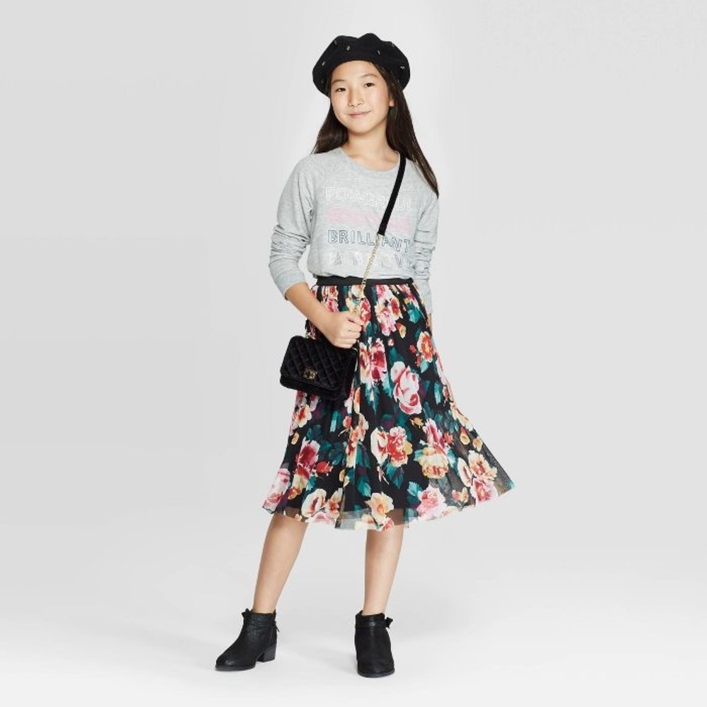 NWT Girls' Midi Tulle Floral Skirt Black